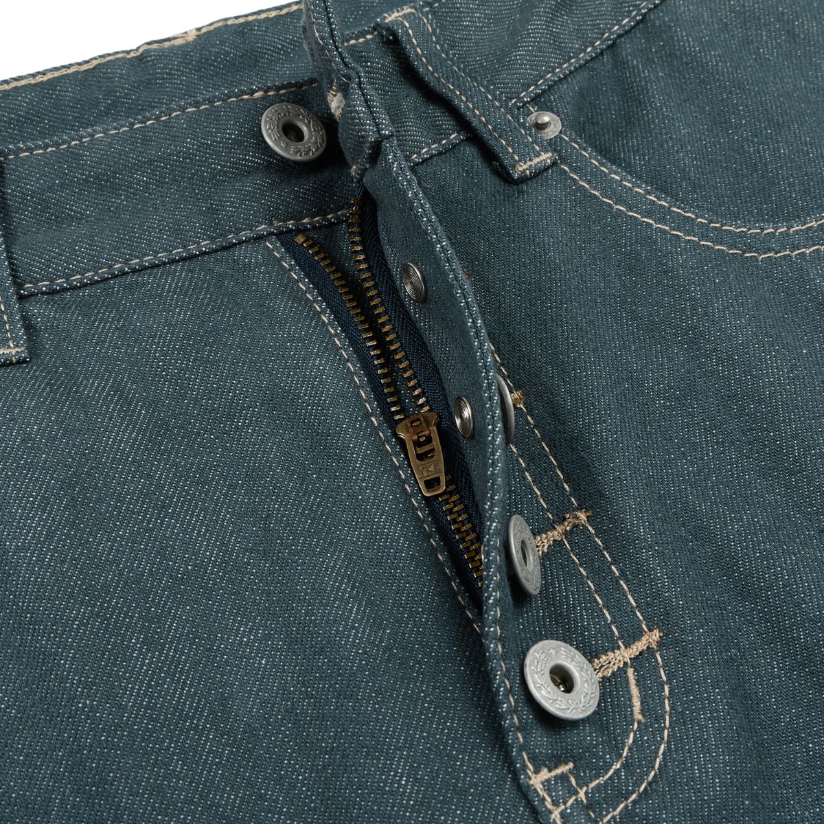 Raw Denim Jeans with Teal Multi‑Button Fly Design