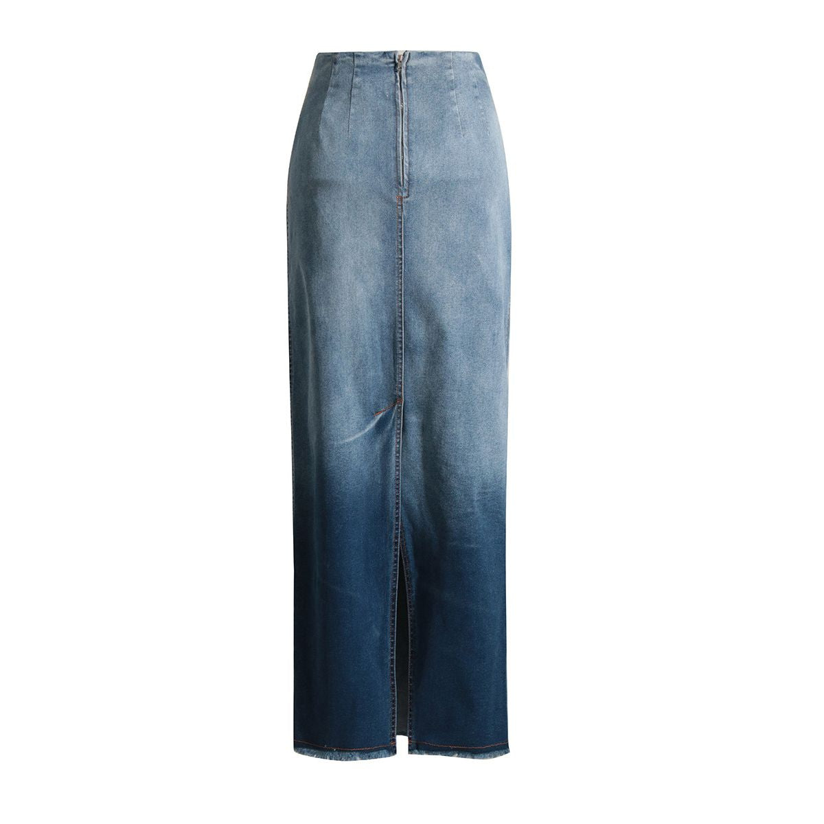 Raw Hem Ombré Washed Denim Maxi Skirt