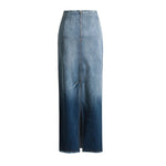 Raw Hem Ombré Washed Denim Maxi Skirt