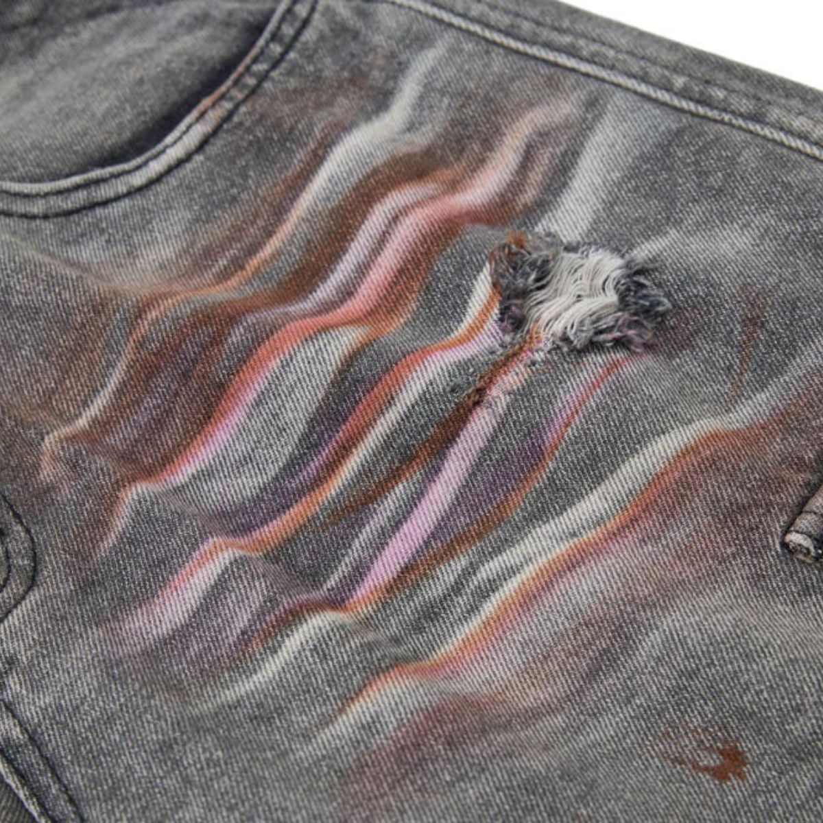 Men's Distressed Washed Denim Cargo Pants Wide Leg Paint Tie-Dye Unique