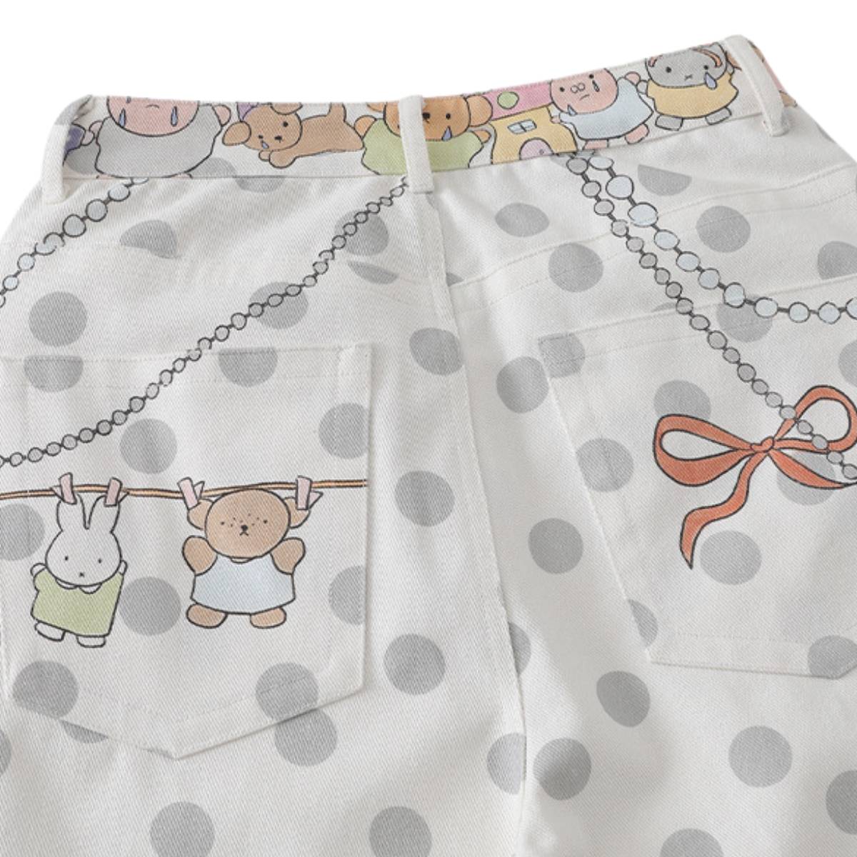 Washed Rabbit Print Polka Dot Bow Detail Relaxed Wide-Leg Bermuda Shorts