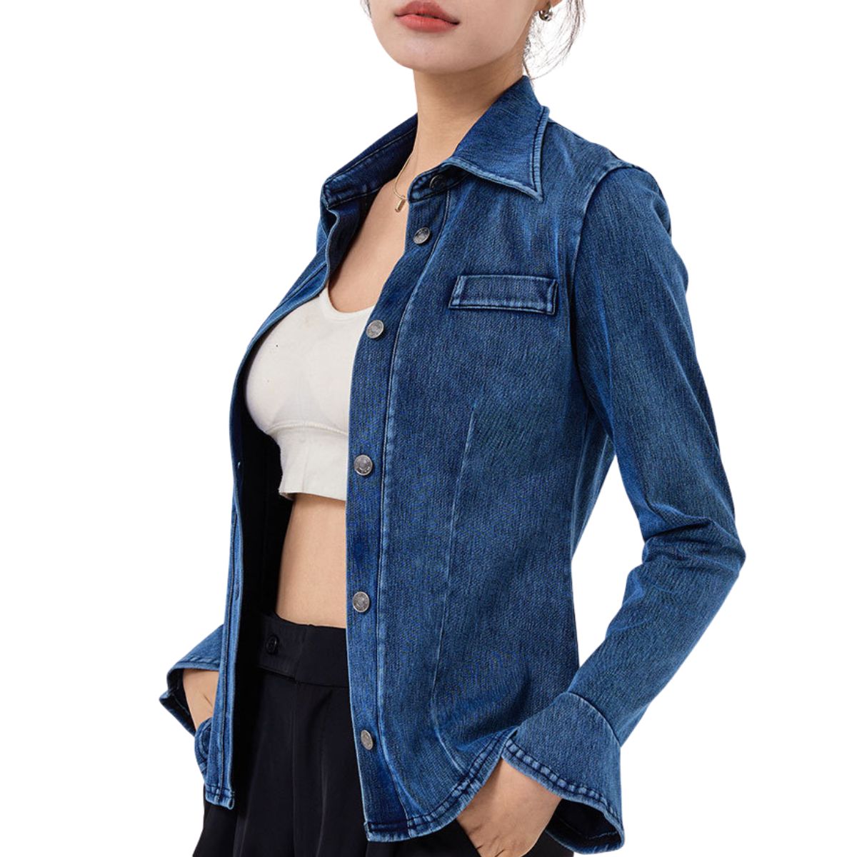 Knit Denim Button-Front Long Sleeve Shirt
