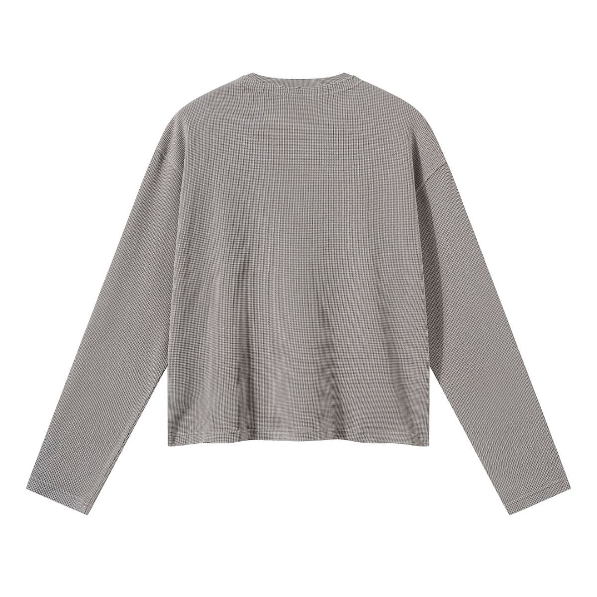 Waffle Raw‑Edge Spliced Distressed Long‑Sleeve T‑Shirt