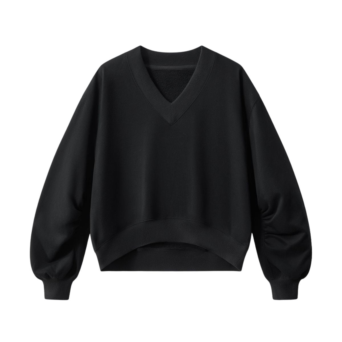 Boxy Short‑Wide V‑Neck Sweatshirt With Gathered Lantern Puff Sleeves