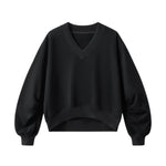 Boxy Short‑Wide V‑Neck Sweatshirt With Gathered Lantern Puff Sleeves