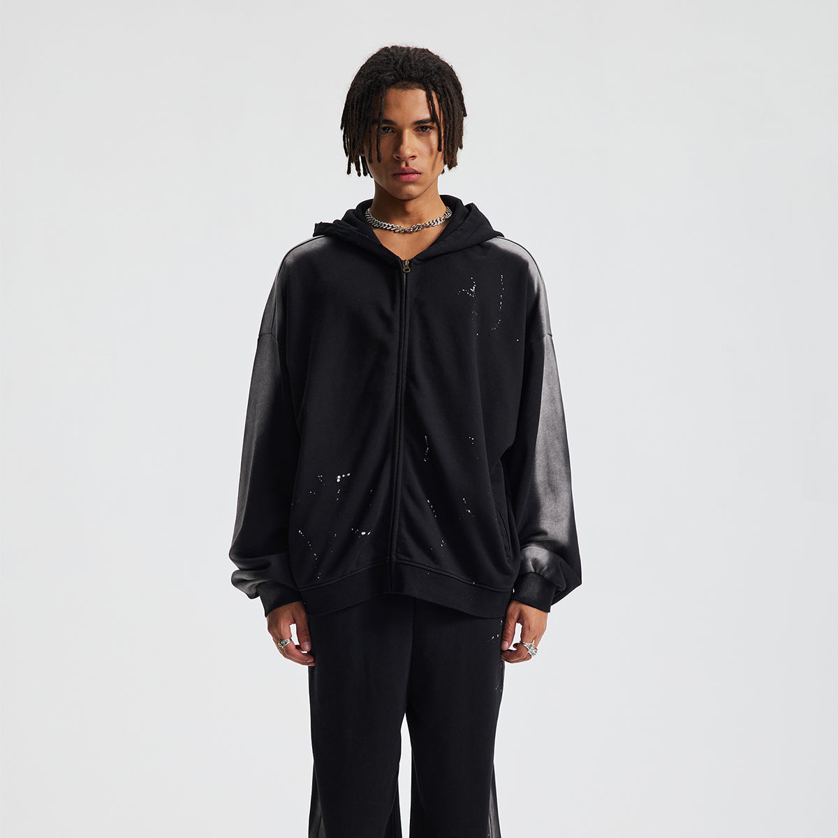 Distressed Paint Splatter Zippered Hoodie