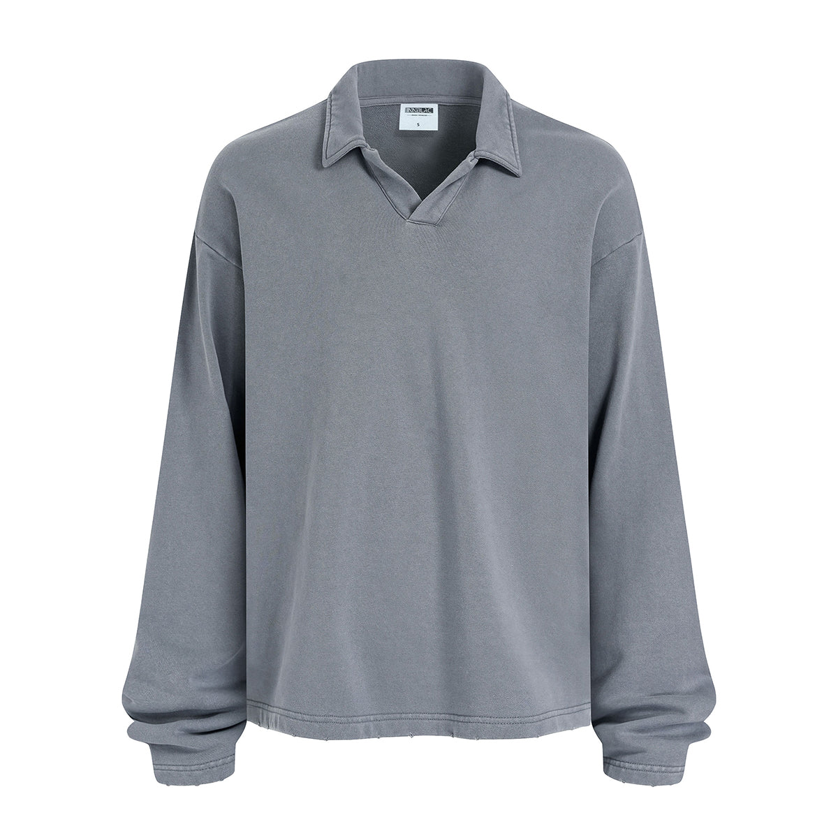Distressed Edge Buttonless Long-Sleeve Polo