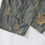 Panel Stitching Barrel-Leg Ripped Jeans