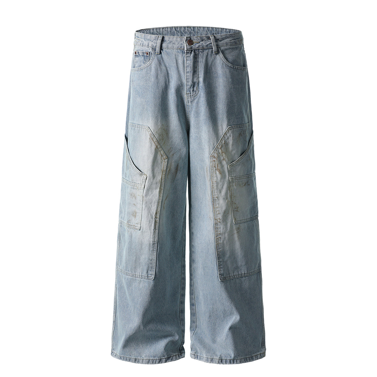Vintage Washed Utility Cargo Wide-Leg Jeans