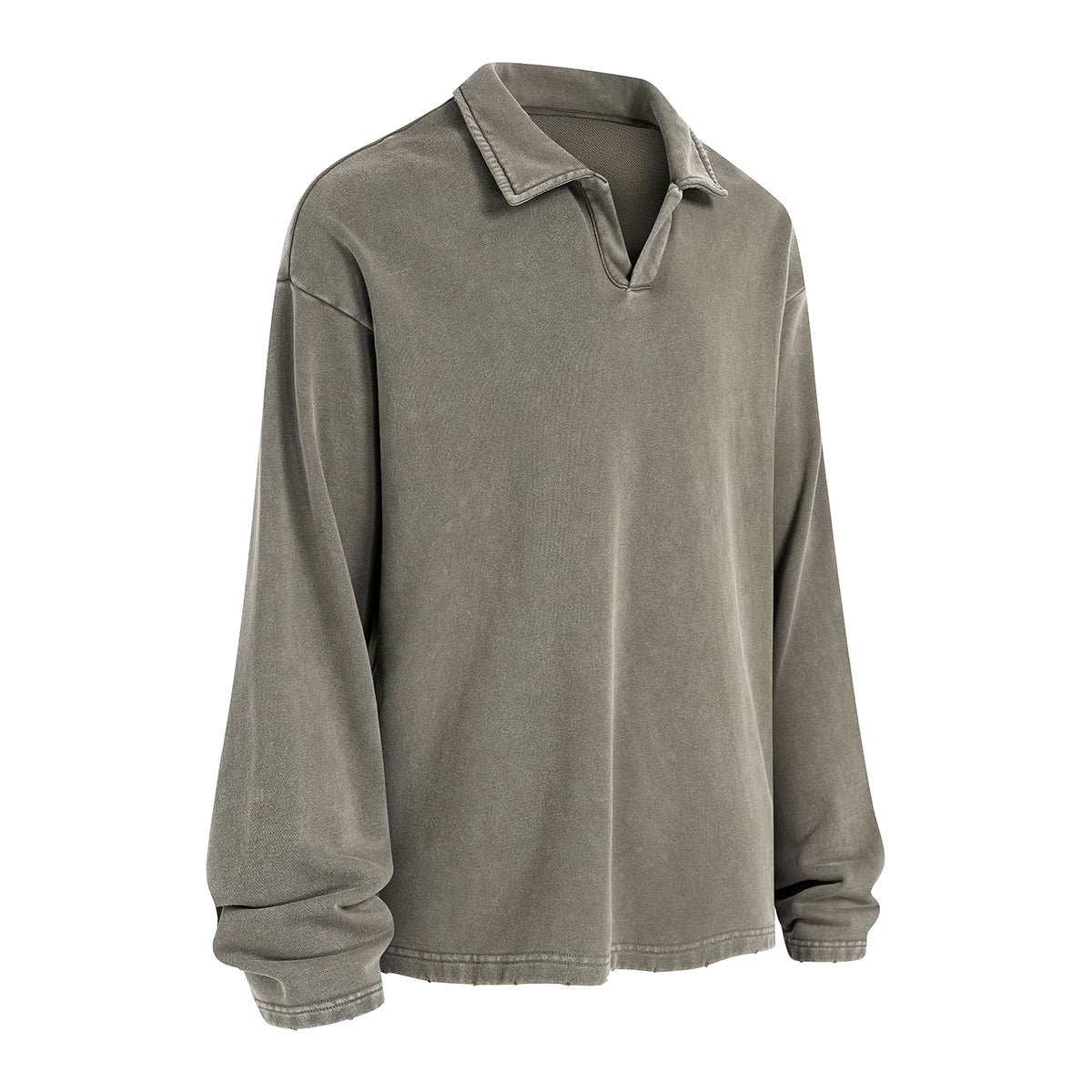 Distressed Edge Buttonless Long-Sleeve Polo
