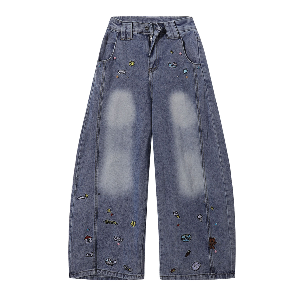 Embroidered Blue Wide Leg Distressed Denim Jeans