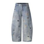 Washed Faded Dog-Embroidered Barrel-Leg Jeans