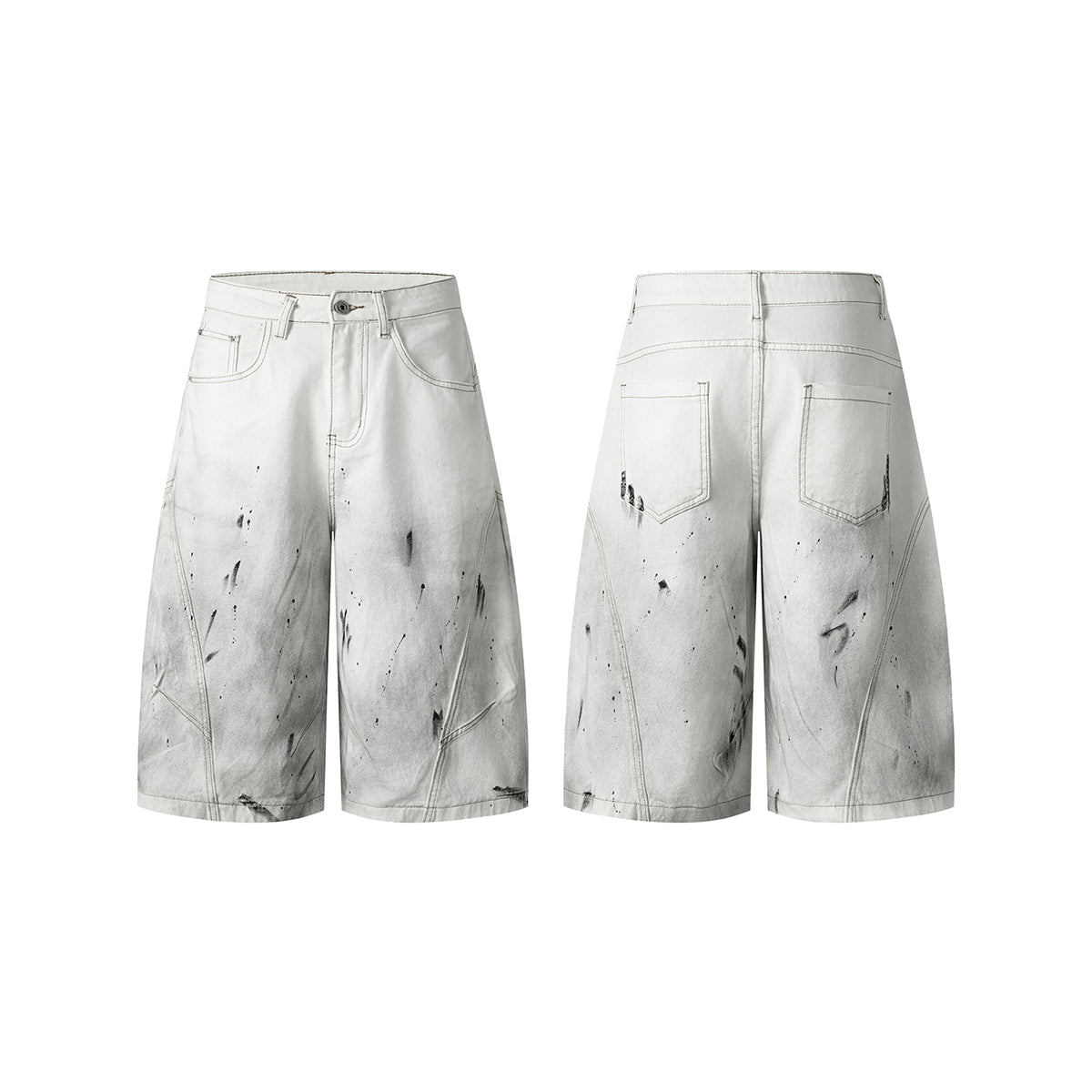 Ink-splatter Barrel Leg Denim Shorts