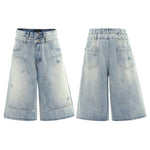 Double Waistband Distressed Denim Bermuda Shorts