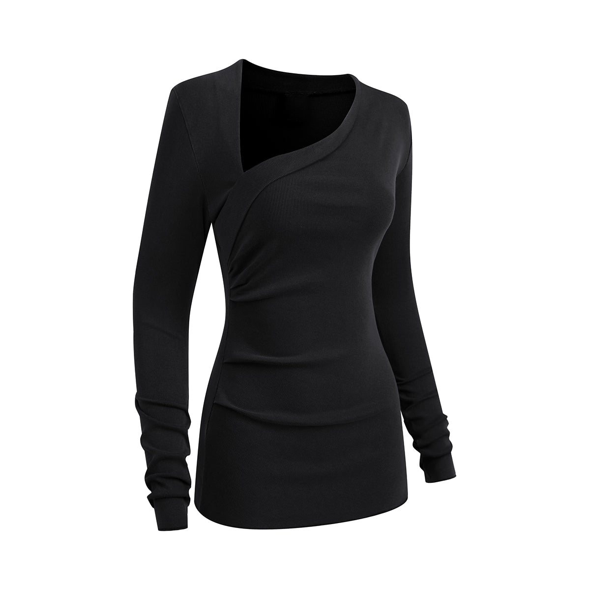 Asymmetric Neck Long Sleeve Ribbed Top