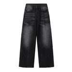 Black Acid Wash Distressed Wide Leg Denim Jeans