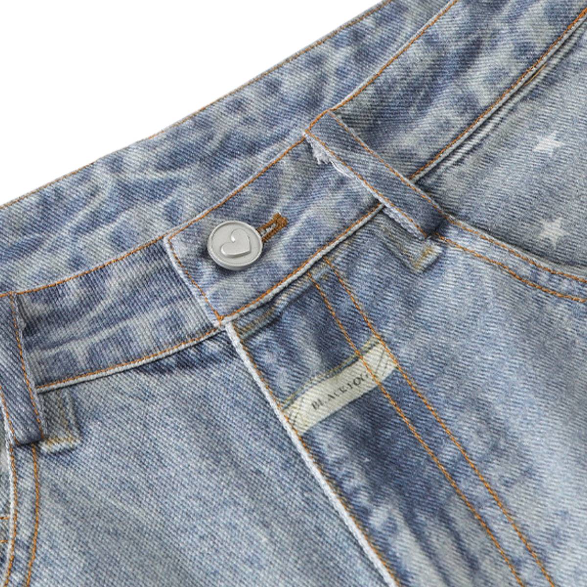 Washed Vintage Star Print Dog Distressed Relaxed Wide-Leg Bermuda Shorts