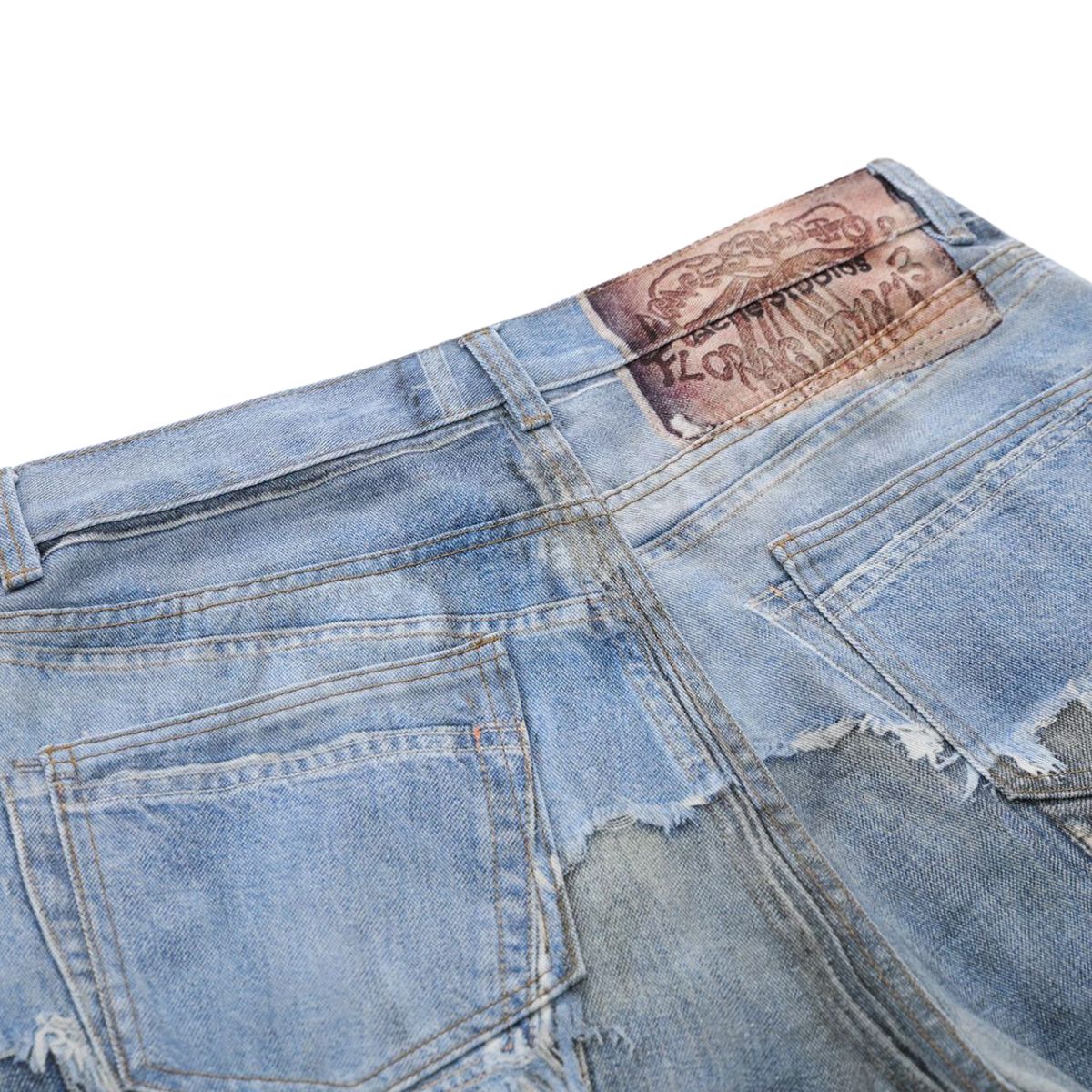 Vintage Washed Distressed Denim Bermuda Shorts with Frayed Panels