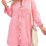 Women's Button Front Long Sleeve Short Denim Dress