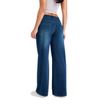 Women High Waist Wide Leg Whisker Spray Wash High Stretch Denim Pants