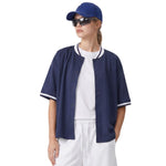 Short Sleeve Button‑Up Striped Baseball Cardigan