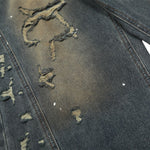 Men's Curved Denim Pants Wide Leg Distressed Paint Splatter Holes
