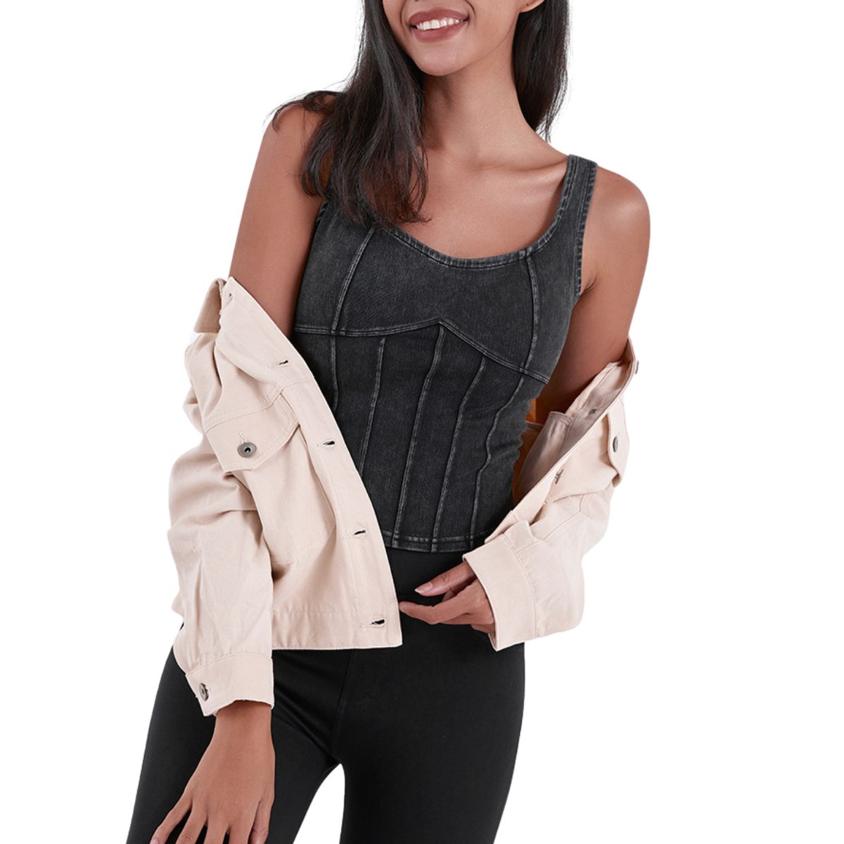 Knit Denim Corset Crop Fitted Tank