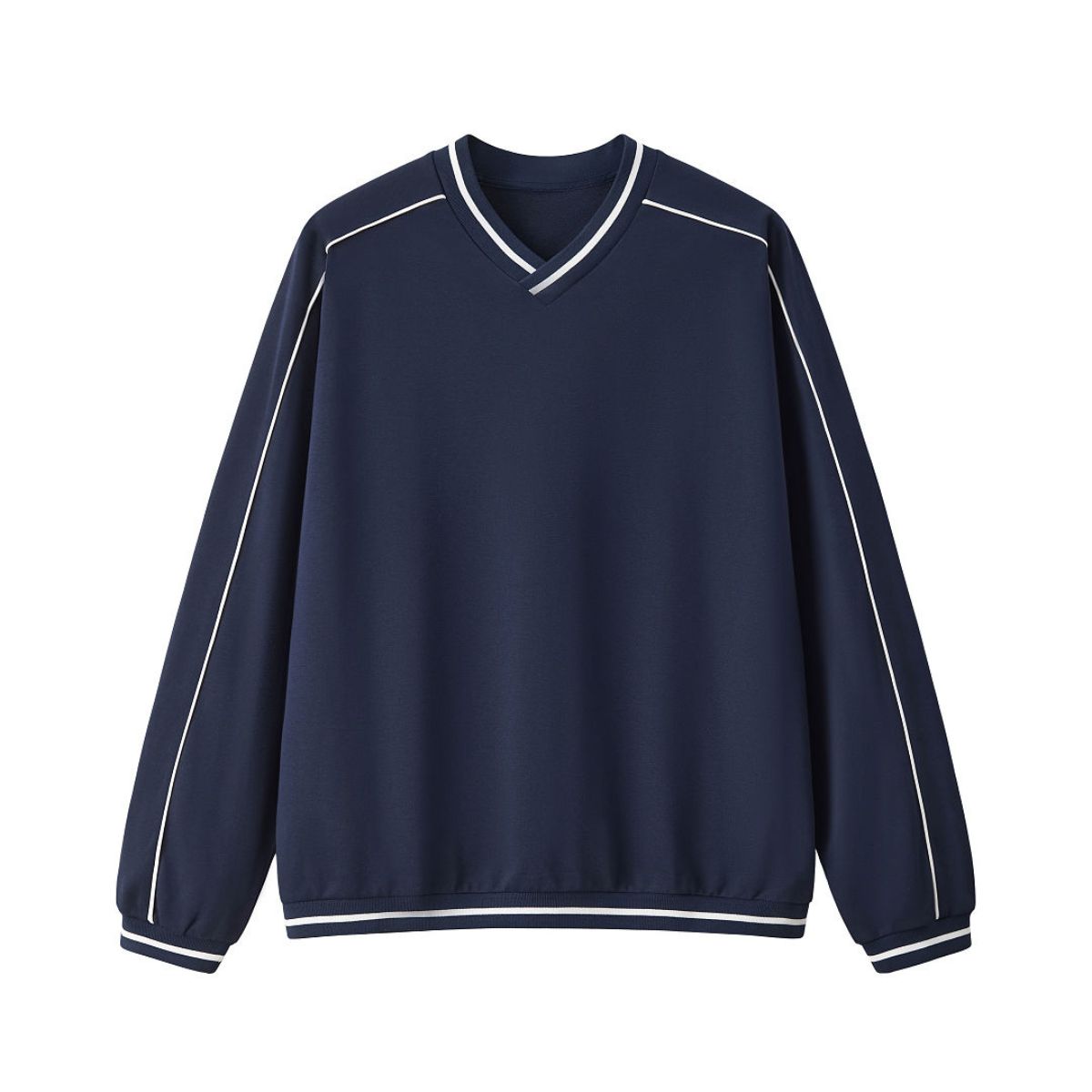 V Neck Contrast Color Drop Shoulder Sweatshirt Loose Fit Ribbed Cuffs