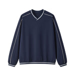 V Neck Contrast Color Drop Shoulder Sweatshirt Loose Fit Ribbed Cuffs