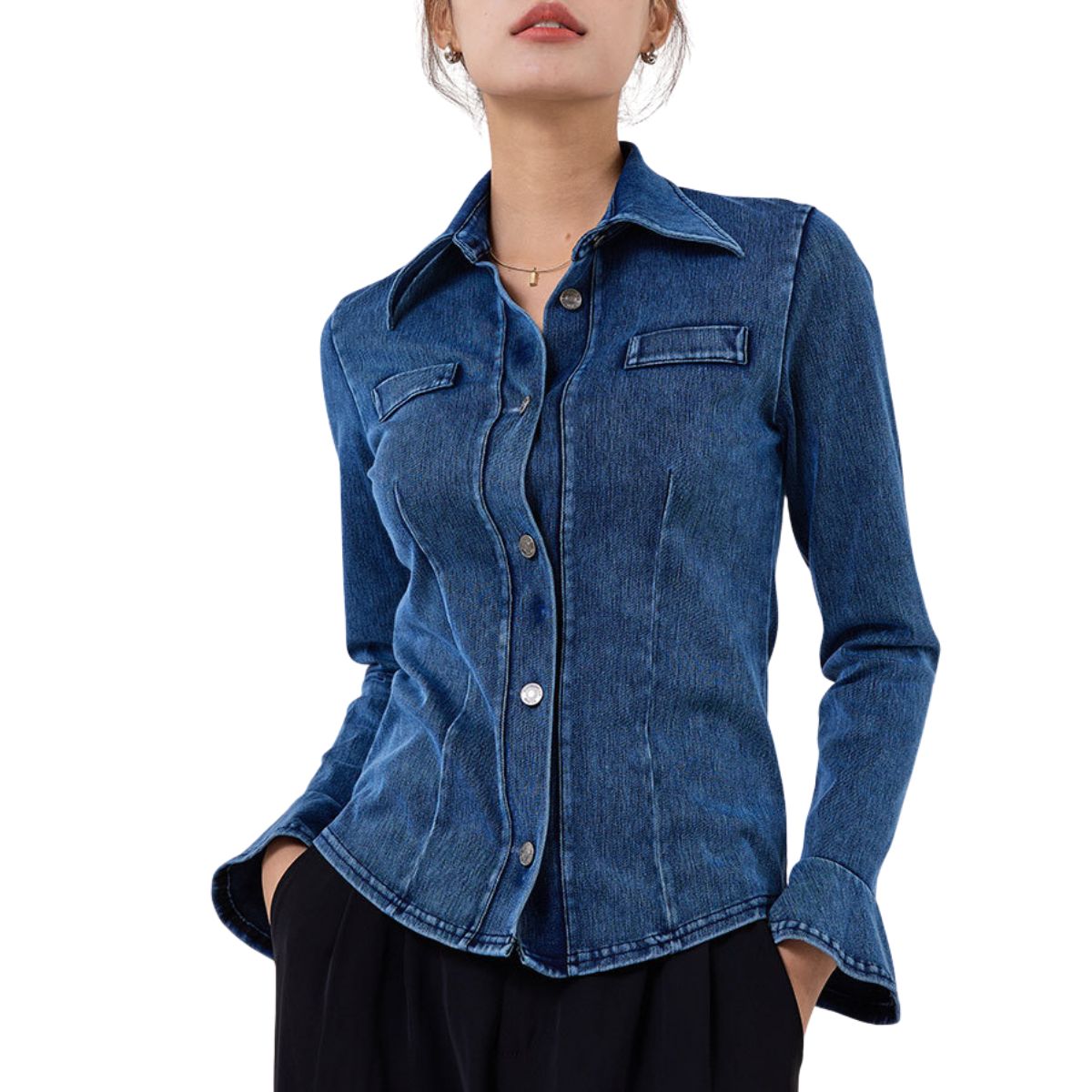 Knit Denim Button-Front Long Sleeve Shirt