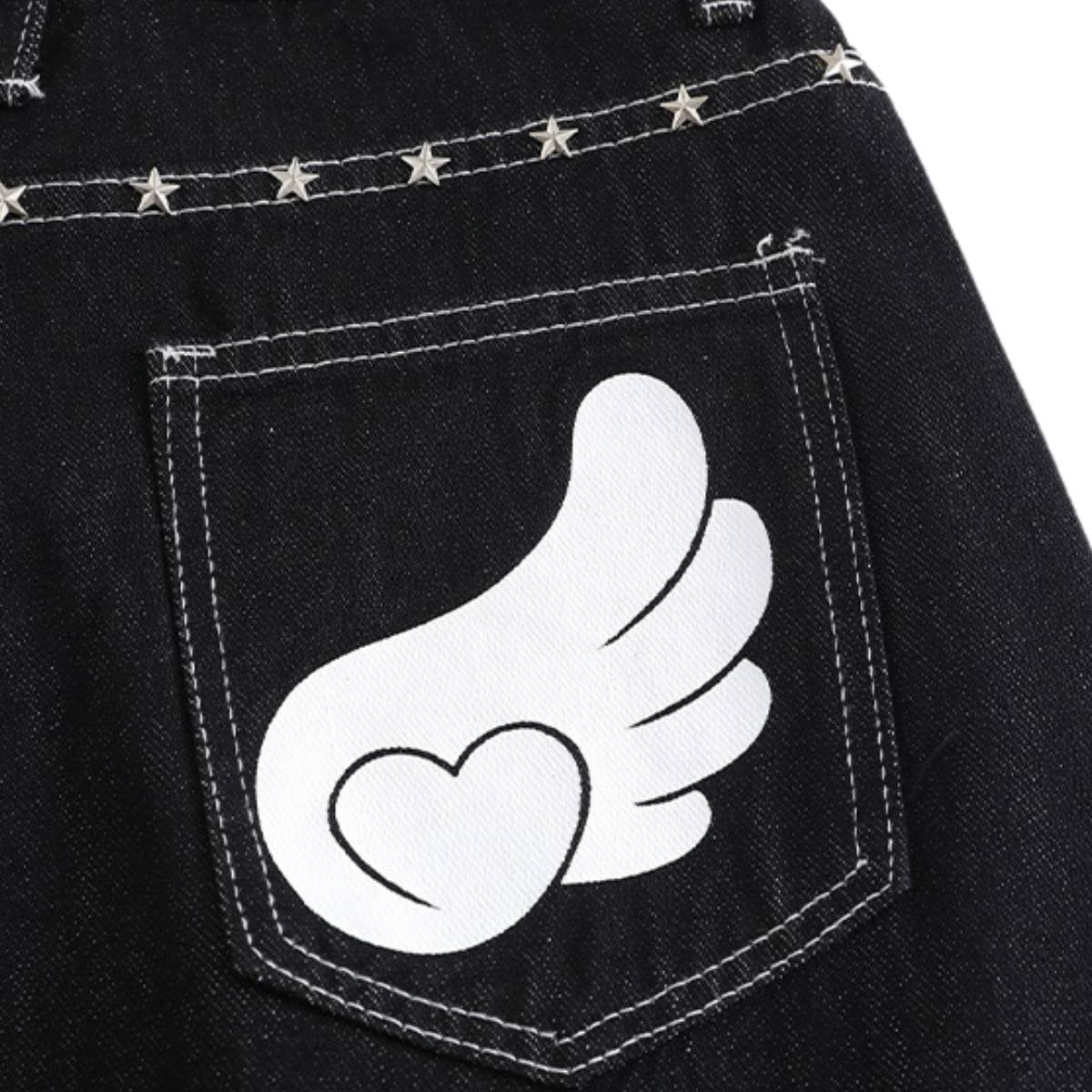 Retro Contrast Heart & Wings Patchwork High Rise Loose Draped Denim Jeans
