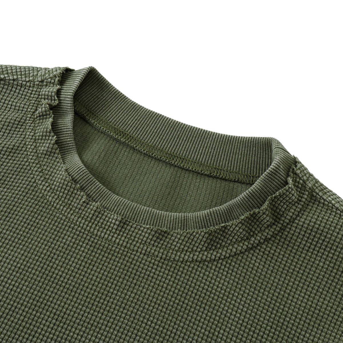 Waffle Raw‑Edge Spliced Distressed Long‑Sleeve T‑Shirt