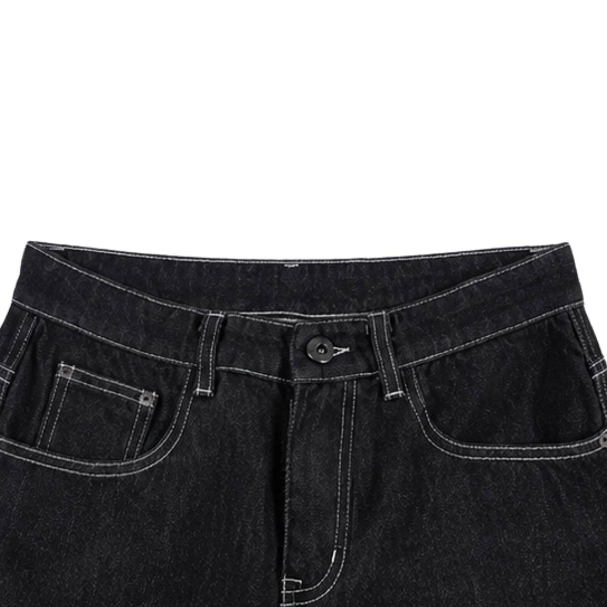 Contrast Stitch Black Wide-Leg Jeans