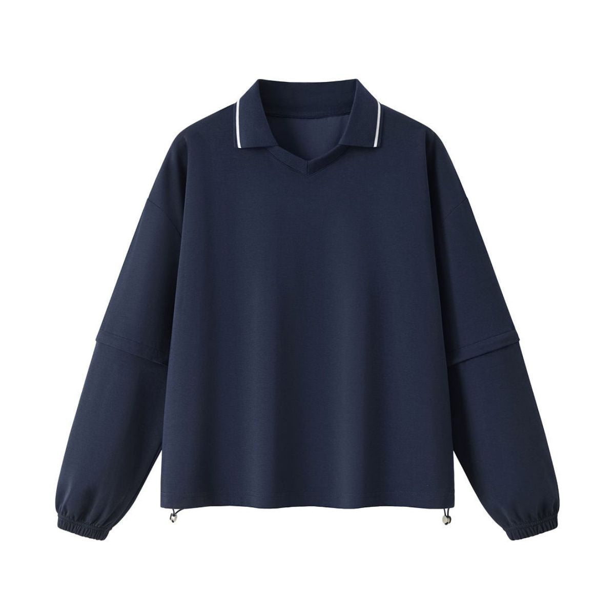 V‑Neck Color‑Contrast Hem Adjustable Drawstring Elastic Polo Sweatshirt
