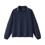 V‑Neck Color‑Contrast Hem Adjustable Drawstring Elastic Polo Sweatshirt