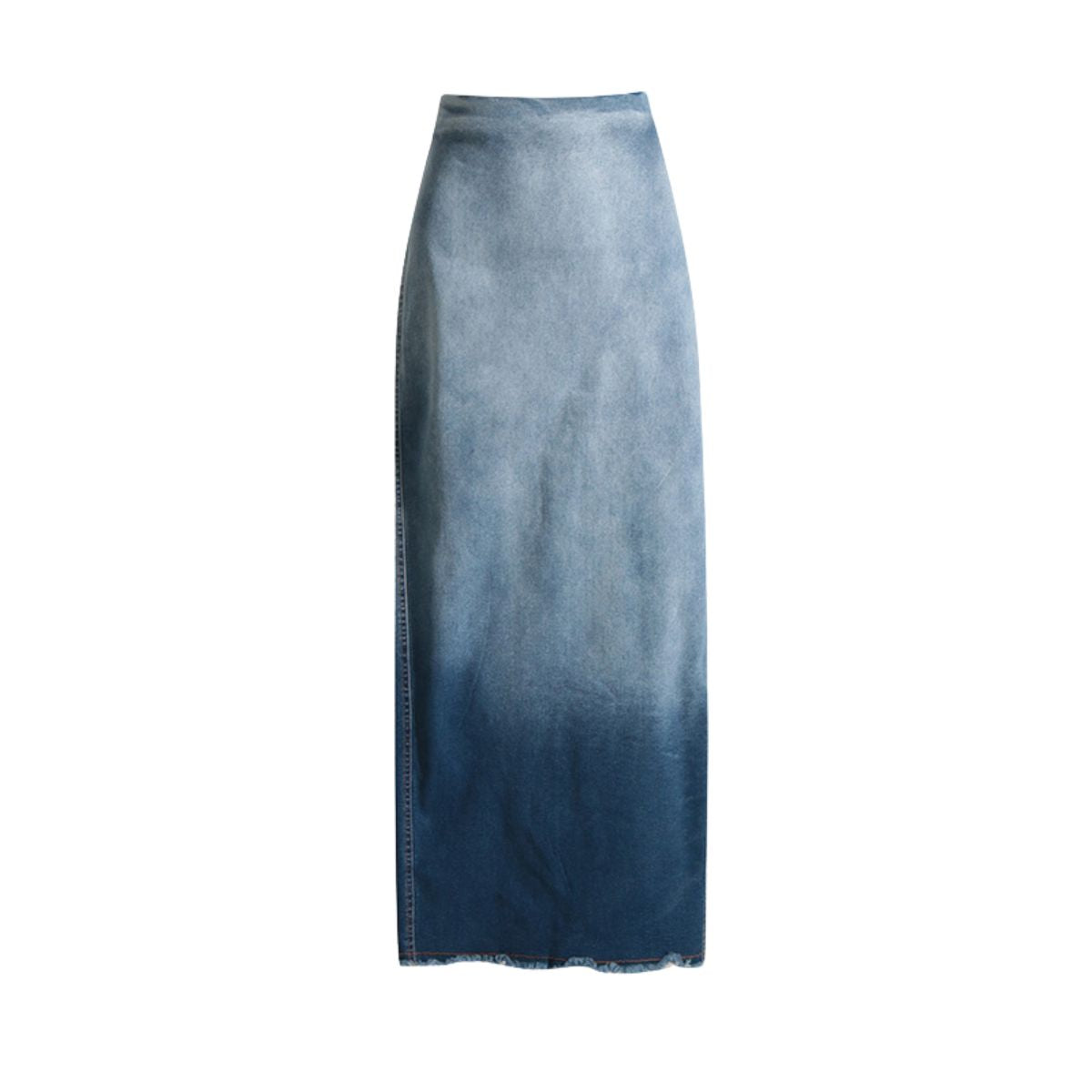 Raw Hem Ombré Washed Denim Maxi Skirt
