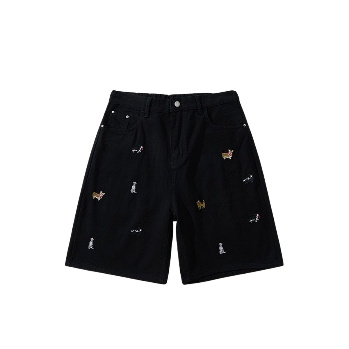 Dog Embroidery Loose Fit Denim Shorts
