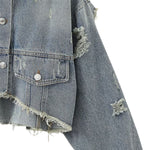 Asymmetrical Hem Cropped Ripped Denim Jacket