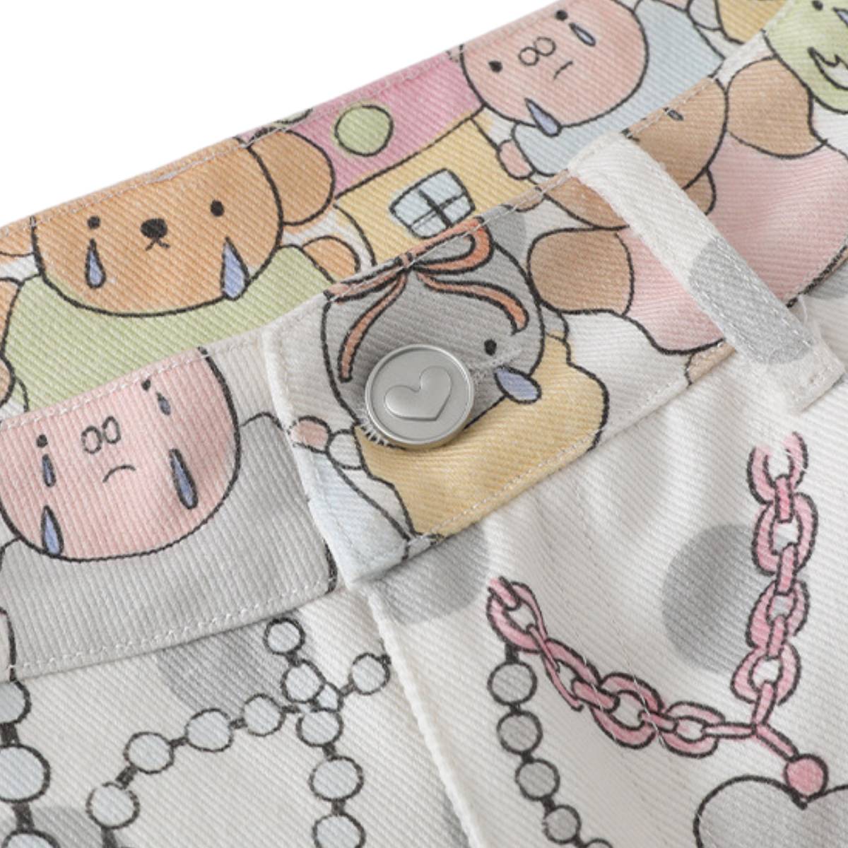 Washed Rabbit Print Polka Dot Bow Detail Relaxed Wide-Leg Bermuda Shorts