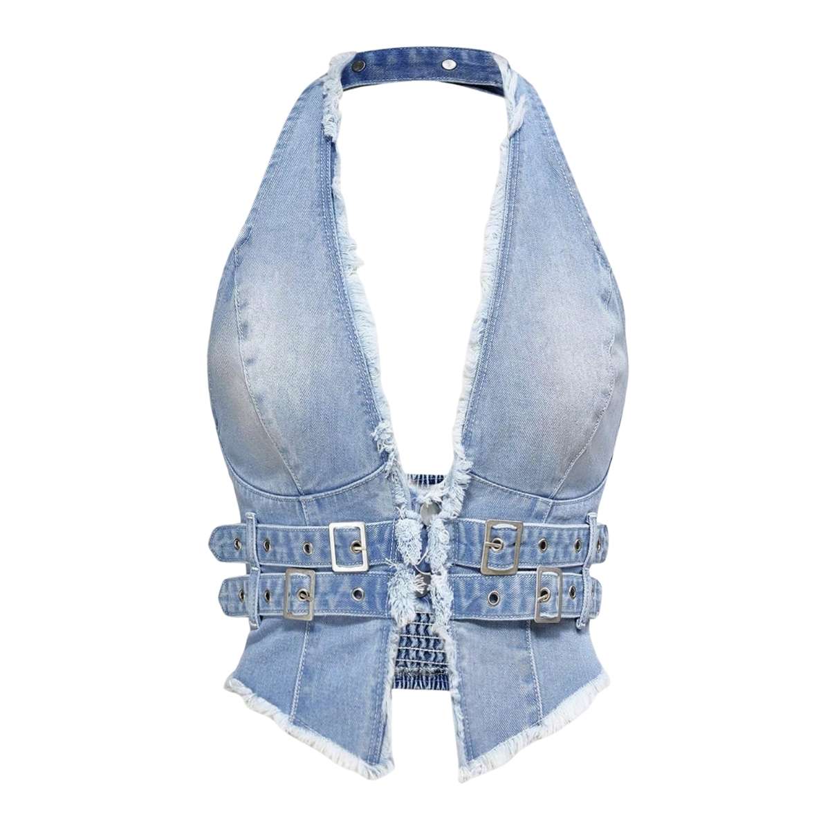 Women's Y2K Backless Fringe CorsetDenim Halter Top