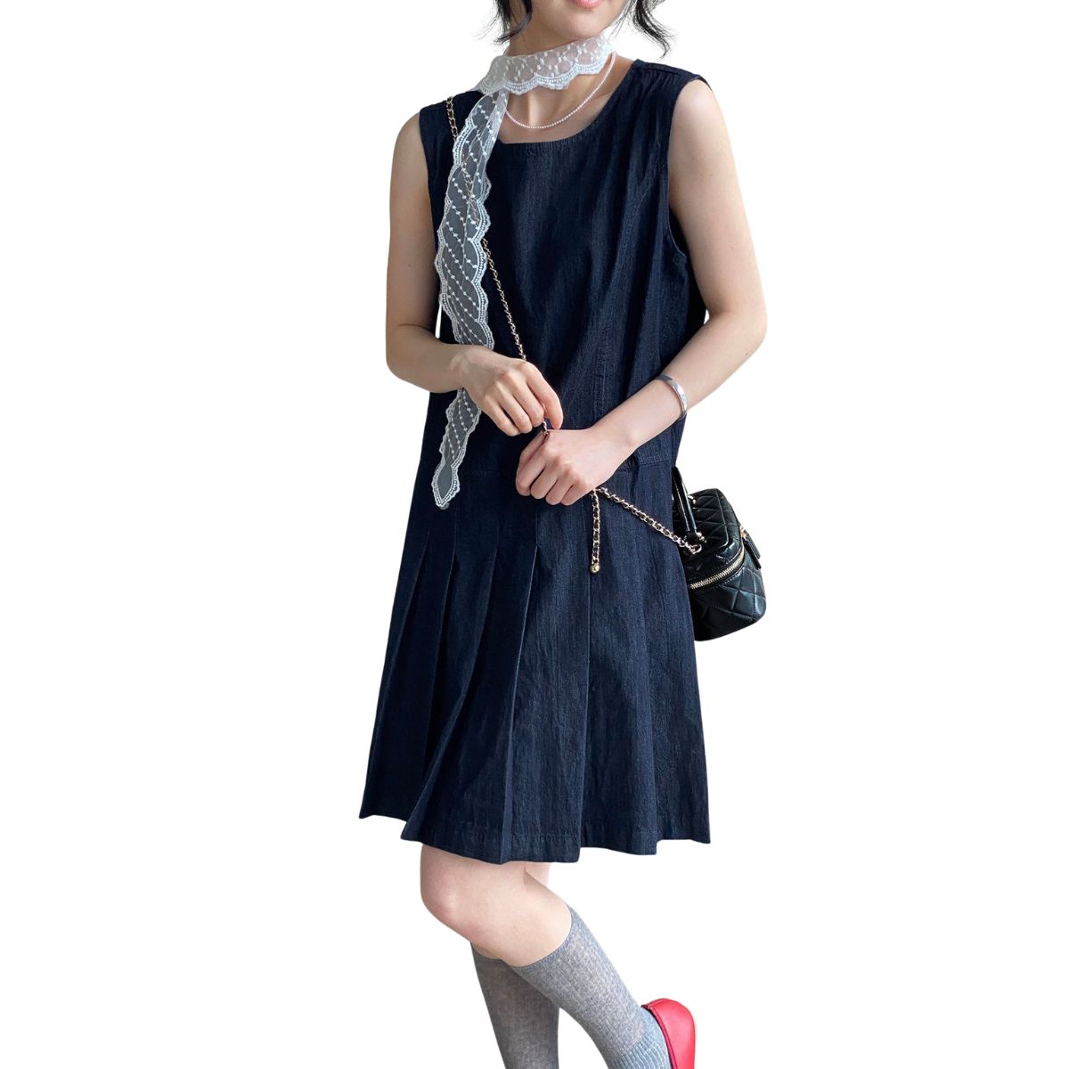 Loose-Fit Pleated Denim Mini Dress