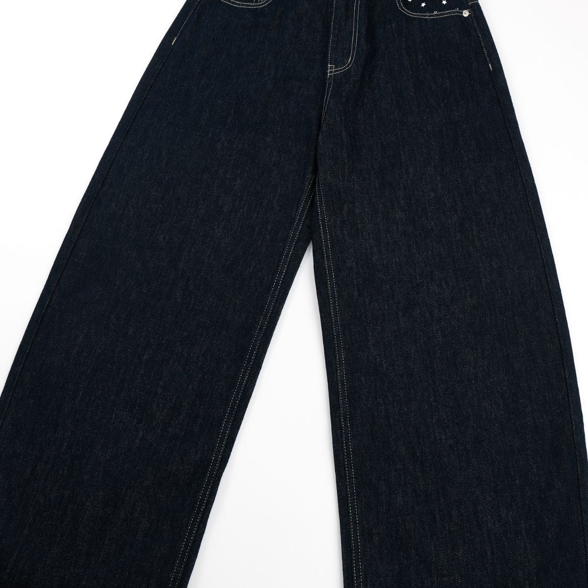 Star‑Print Curved Blade Raw Denim Jeans
