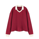 Women's Heavyweight Washed Color Block Collared Long Sleeve Sweatshirt