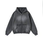 Front-Zip Raw Edge Ripped Hoodie