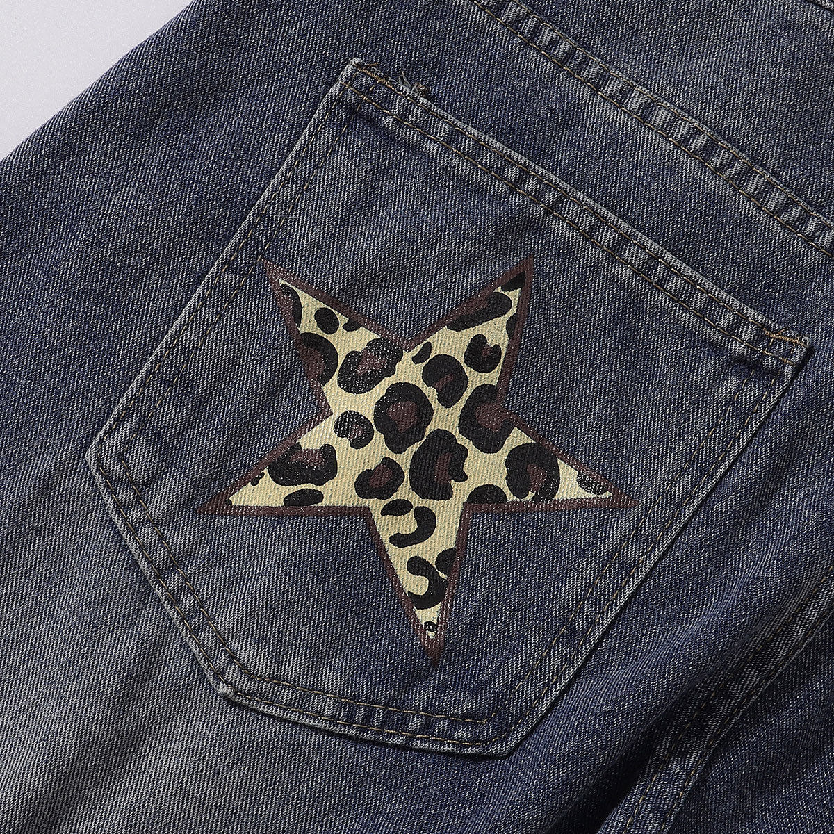 Leopard Star Patch Wide-Leg Denim Jeans