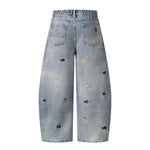 Washed Faded Dog-Embroidered Barrel-Leg Jeans