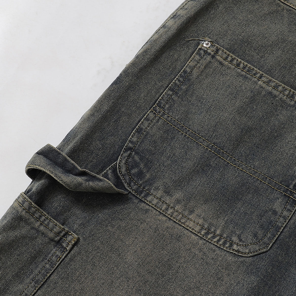 Utility Distressed Straight Leg Denim Jeans