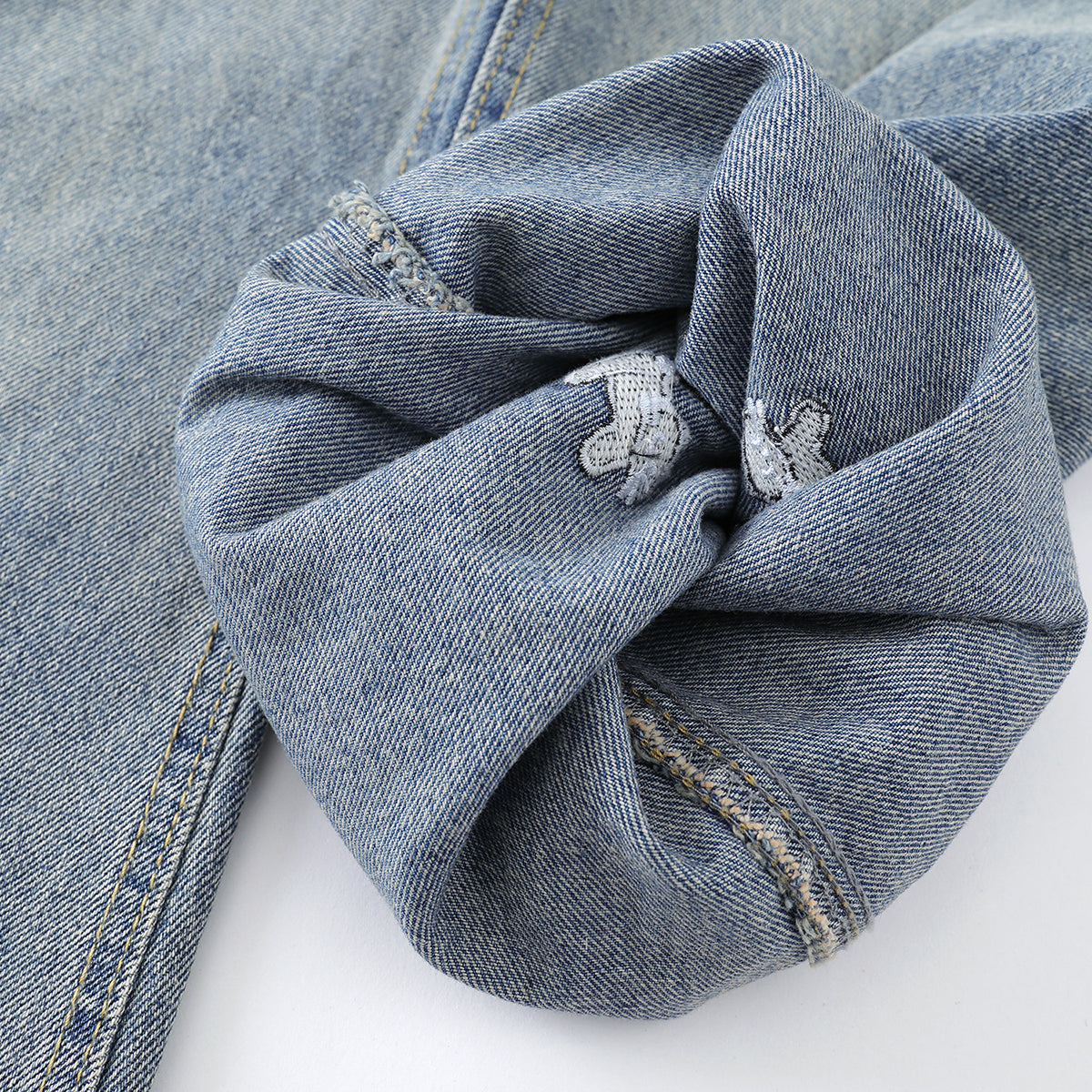 Washed Faded Dog-Embroidered Barrel-Leg Jeans