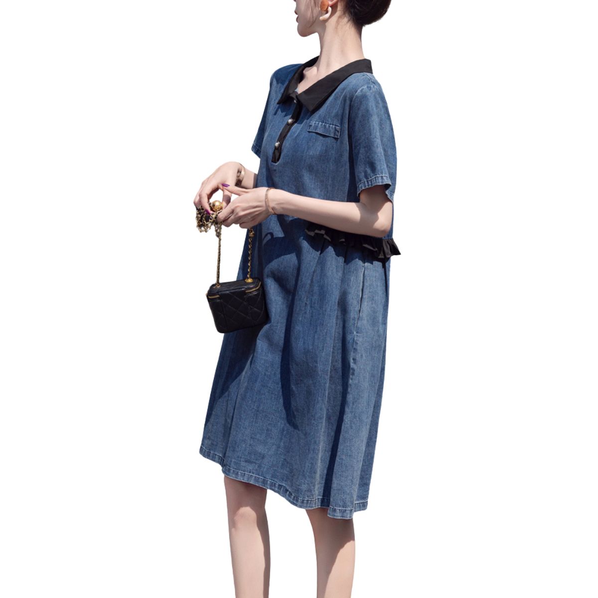 Vestido camisero vaquero de manga corta con patchwork