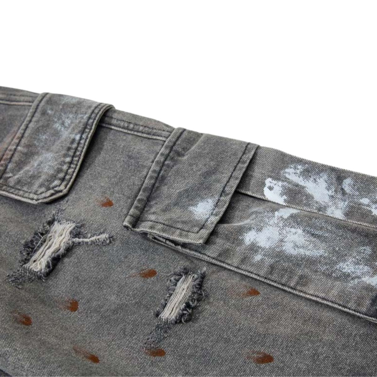 Men's Distressed Washed Denim Cargo Pants Wide Leg Paint Tie-Dye Unique